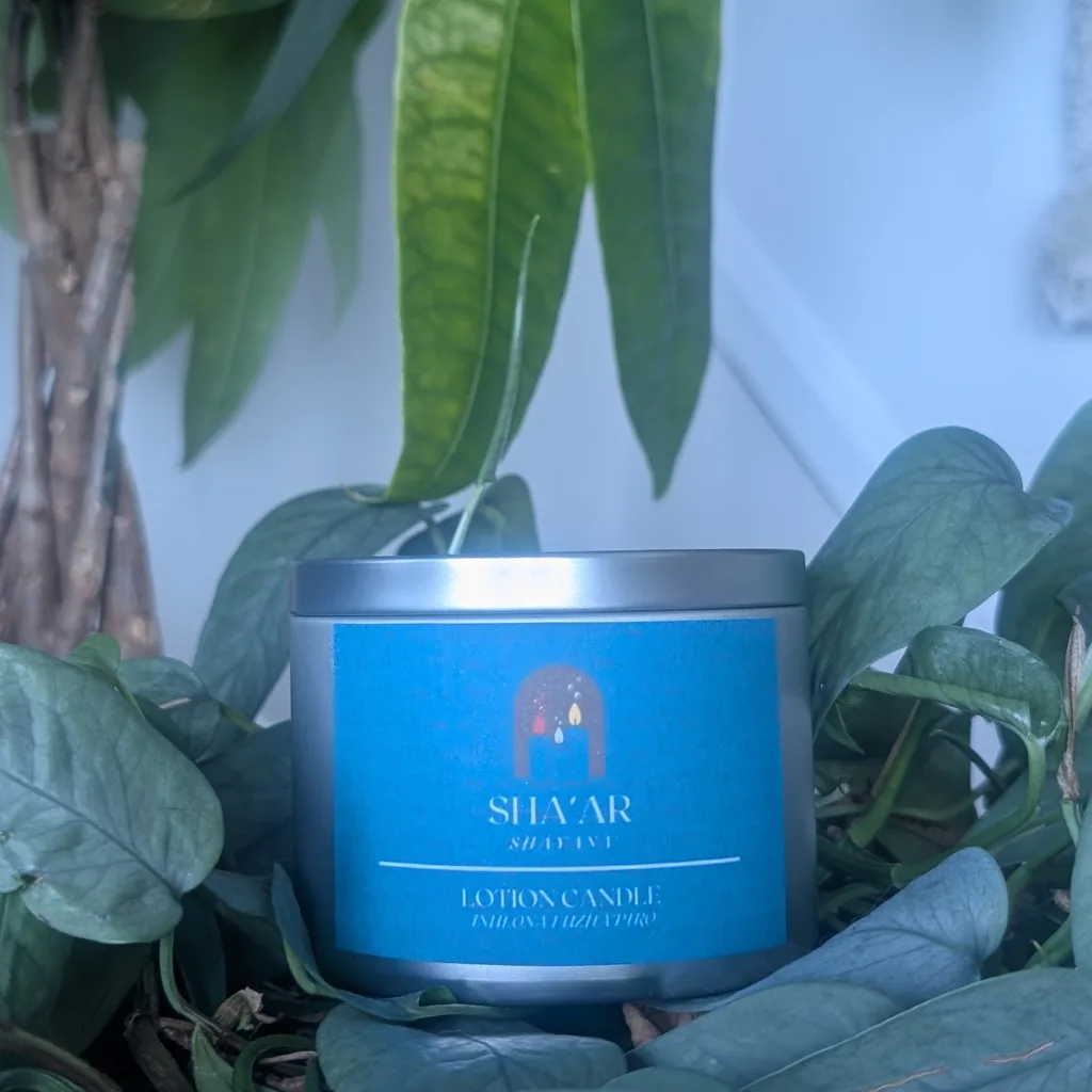 Sha'ar - 7 oz Steel Tin Scented Lotion Candle with Essential Oils & Natural Wax (Eucalyptus, Basil, Lavender, Rose and Vanilla)